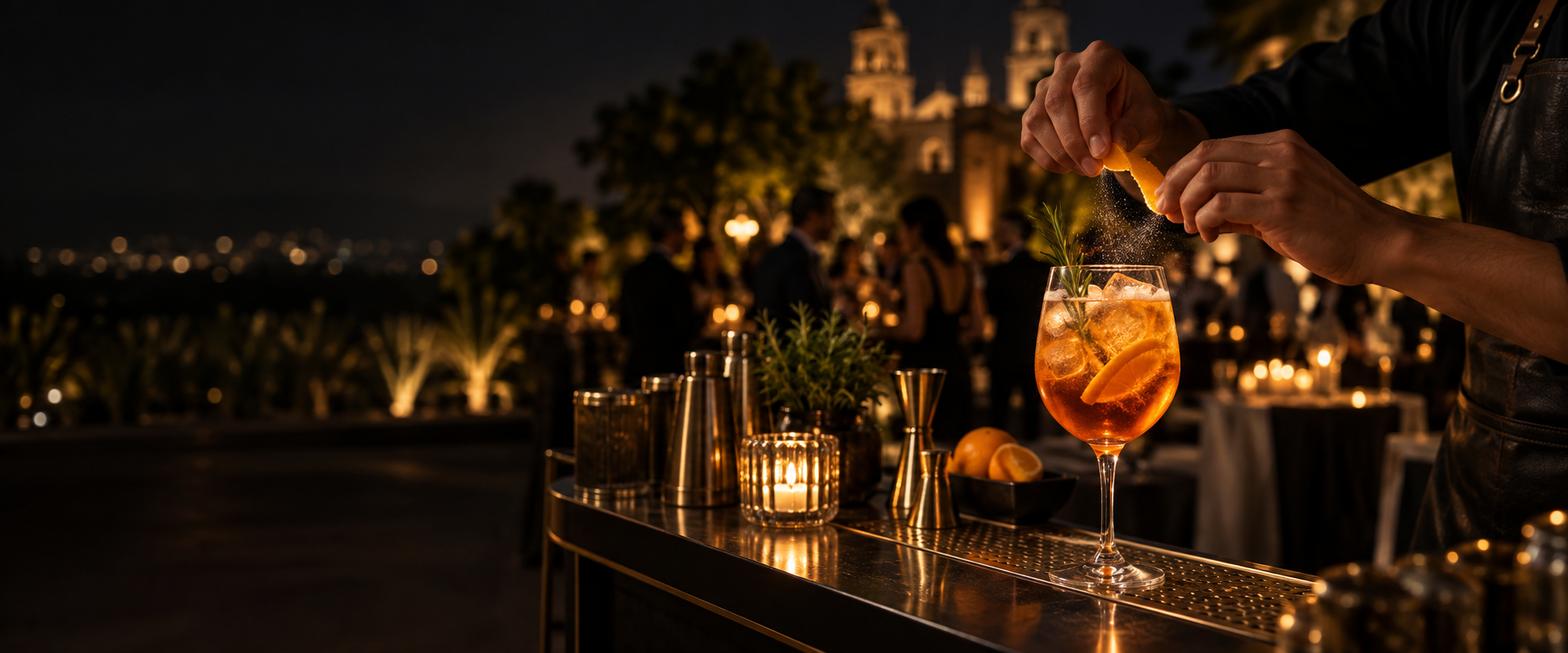 Bartender preparando un spritz en una barra para evento nocturno